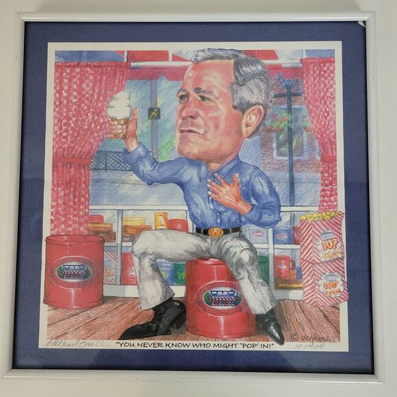 De Hamel‎ George W Bush Chagrin Falls Popcorn Shop Hanging Framed Art 12" Signed - Picture 1 of 11